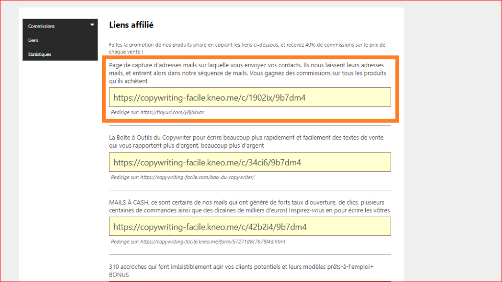 Programme d'affiliation copywriting: lien affilé