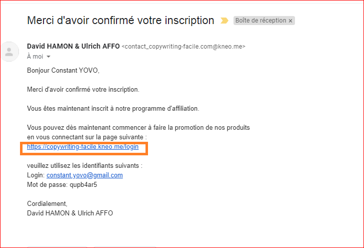 Programme d'affiliation copywriting inscription réussie