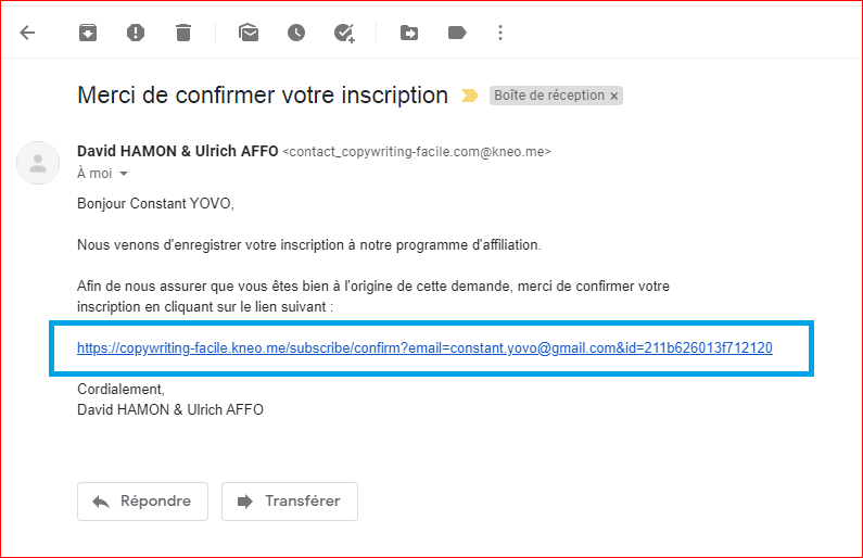 Programme d'affiliation copywriting
confirmation d'inscription